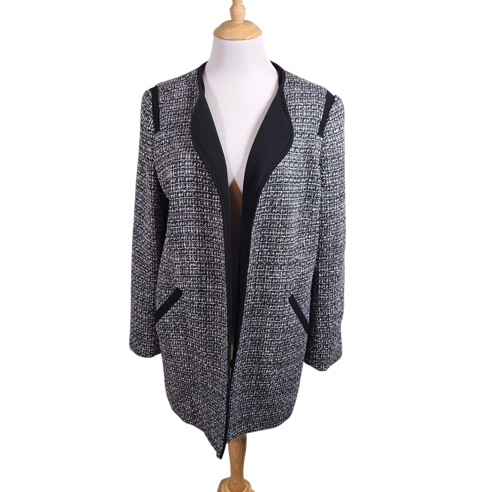 Cynthia Rowley Womens Blazer SZ L Black White Tweed Floral Lined Open Front